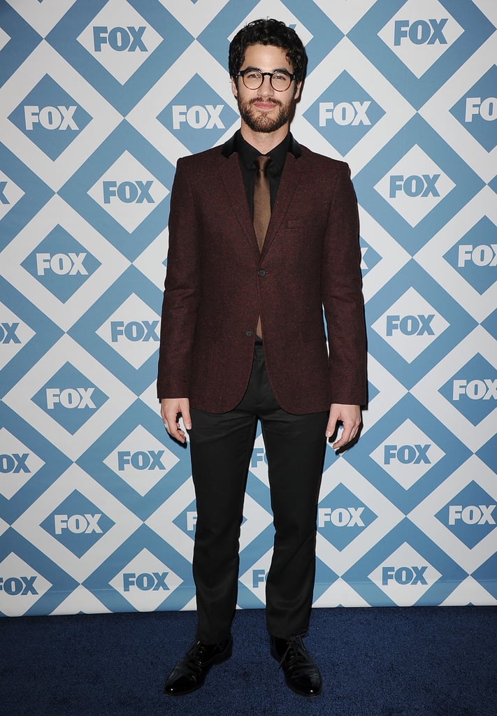 Bearded Glee star Darren Criss wore glasses to the Fox party.
Bearded Glee star Darren Criss wore glasses to the Fox party.