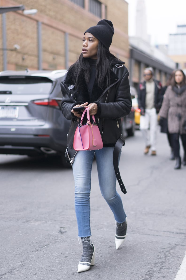 With a Leather Jacket, Black Beanie, Gray Socks, and White Heels