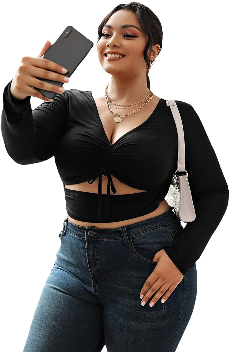 A Sexy Top: Romwe Plus Size Knot Front Cutout Ruched V Neck Long Sleeve Crop Top