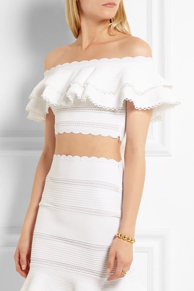 Alexander McQueen Cropped Off-the-Shoulder Ruffled Cotton-Blend Top ($1,945) and Mini Skirt ($926)