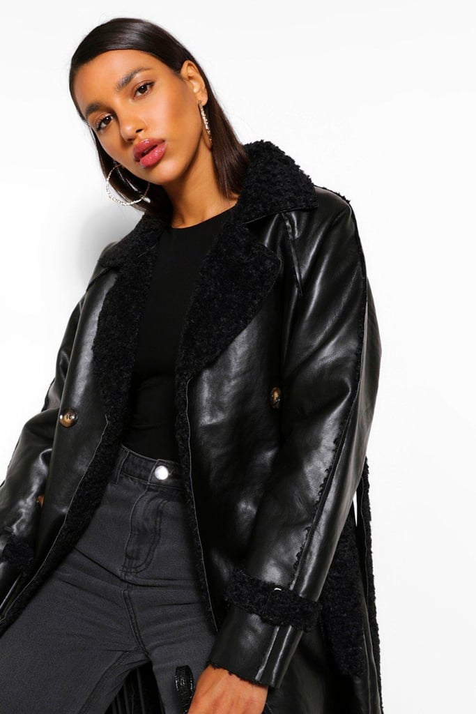 boohoo Faux Leather Teddy Trim Trench Coat