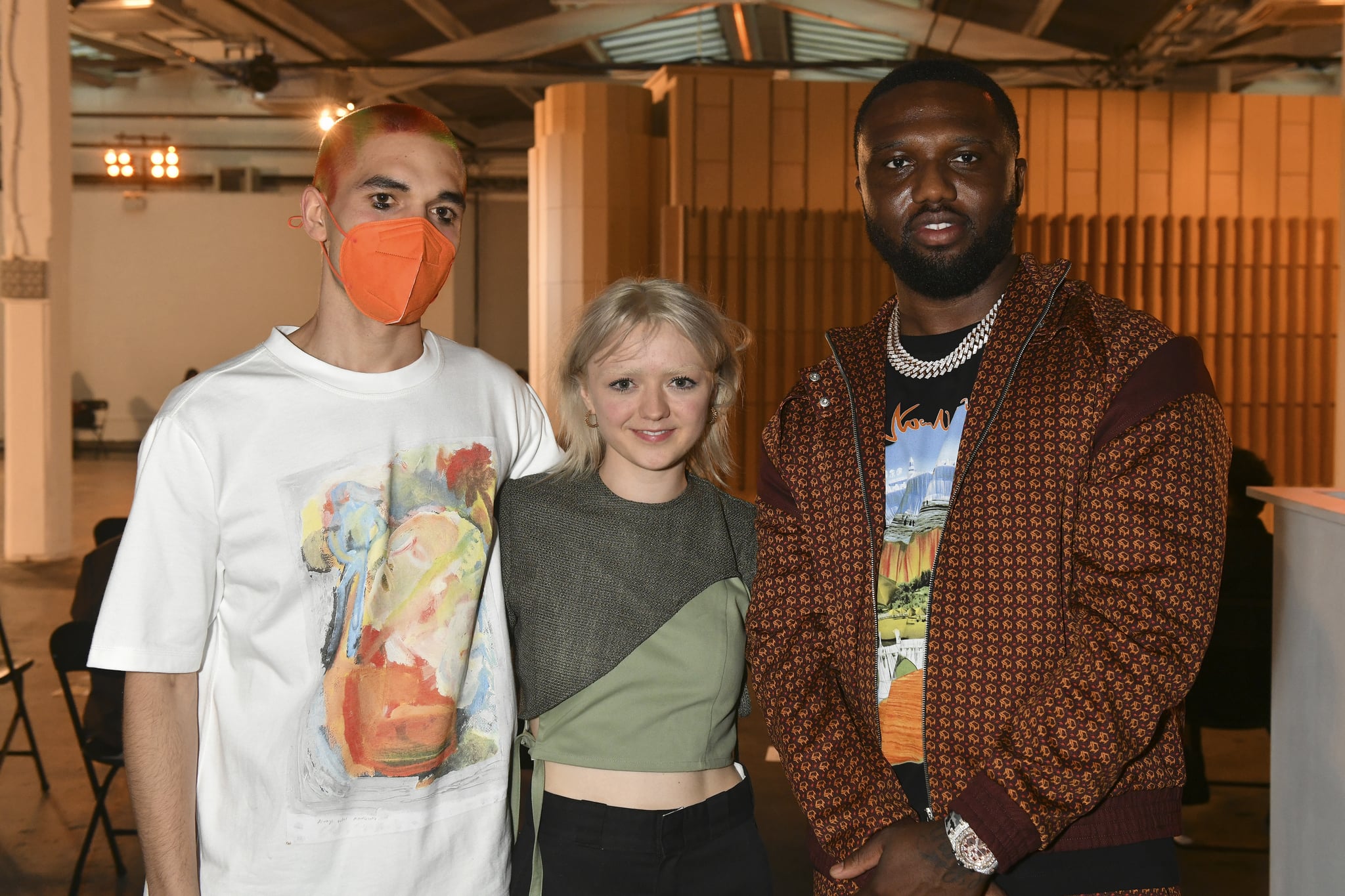 LONDON, ENGLAND - JUNE 12: (L-R) Reuben Selby, Maisie Williams and Headie One attend the Reuben Selby show during London Fashion Week June 2021 on June 12, 2021 in London, England. (Photo by David M. Benett/Dave Benett/Getty Images)