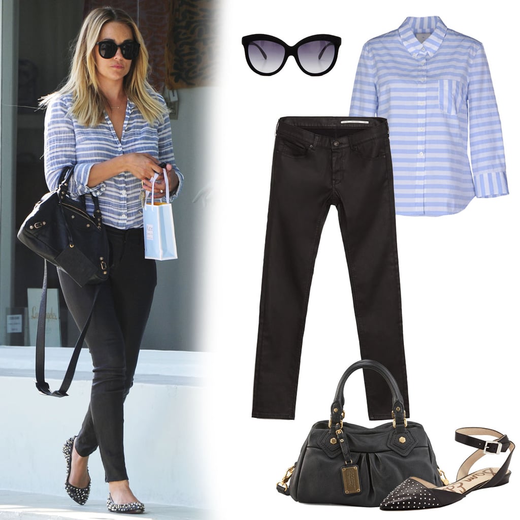 Getting the look is easy. Just add a striped button-down to skinny coated trousers, and style it out with edgier accessories. Look for cat-eye sunglasses, studded flats, and a black satchel with gold hardware to channel Lauren's look. Just scroll to shop all the pieces.