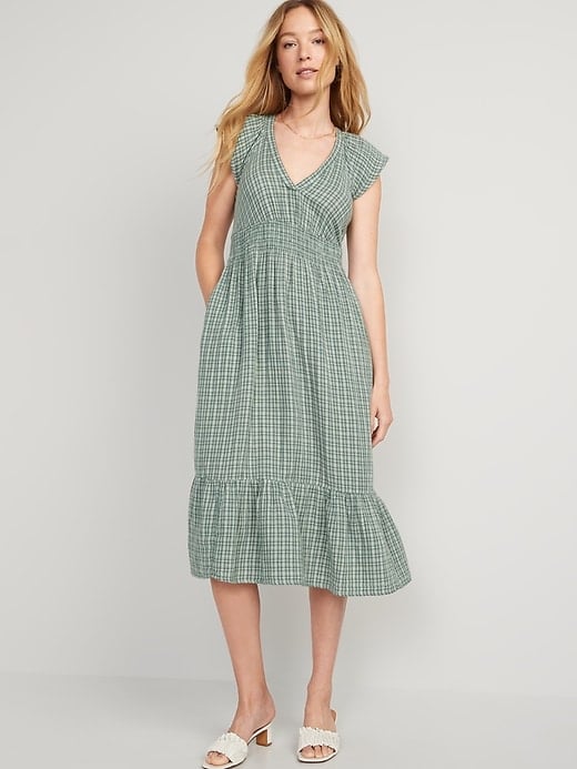 Old Navy Waist-Defined Flutter-Sleeve Plaid Midi Dress