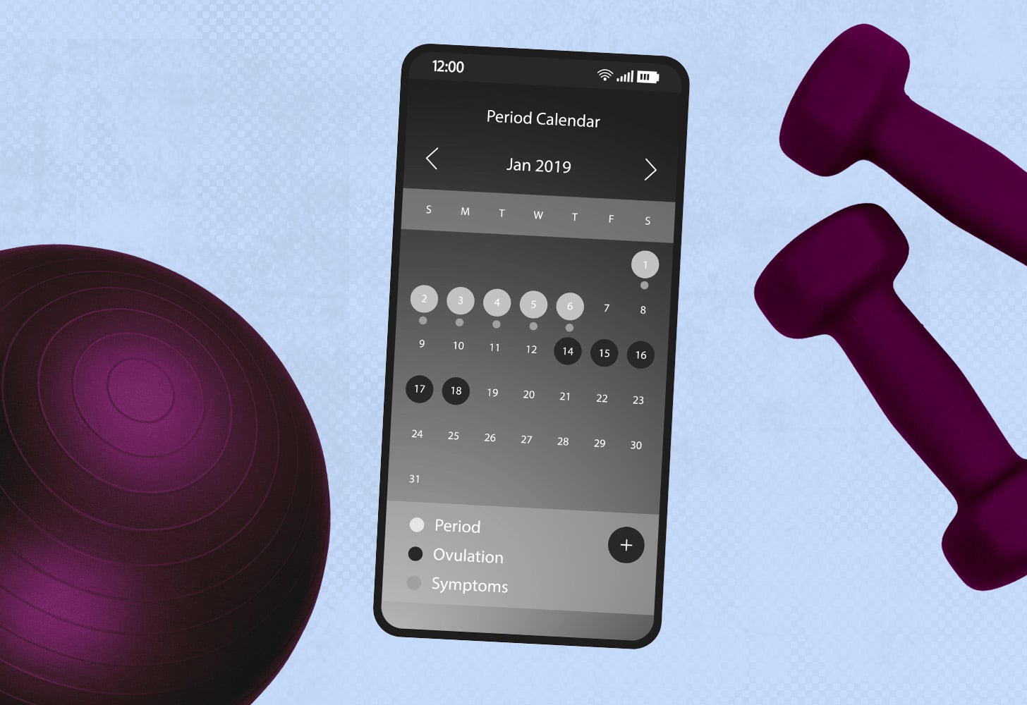 Collage of period calendar on a phone, purple weights, and purple exercise ball.