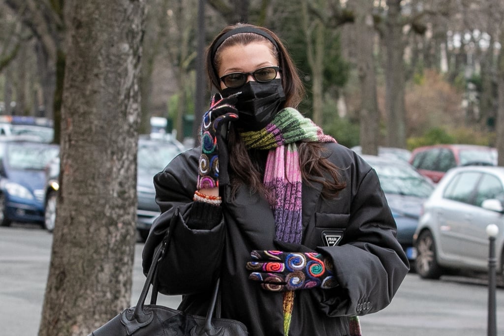 Bella Hadid Wearing Colourful Gloves With Black Prada Coat