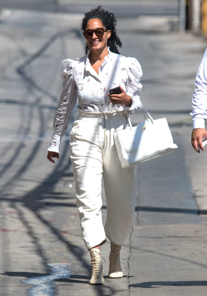 Tracee Wore the Céline Boots While Arriving to Jimmy Kimmel With a Romantic Blouse and Chanel Bag