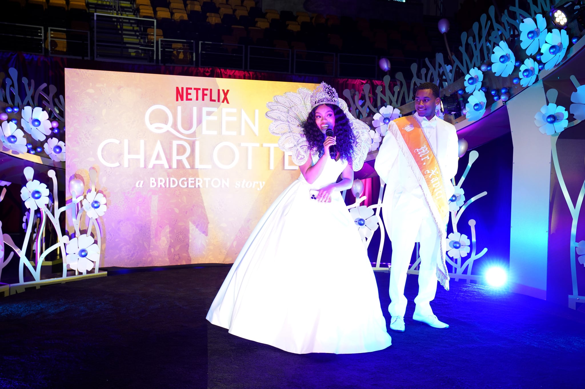 NEW ORLEANS, LOUISIANA - APRIL 15: (L-R) Miss Xavier University of Louisiana Nina Giddens and Mister Xavier University of Louisiana Zion Rouege attend the Queen Charlotte Spring Waltz at Xavier University on April 15, 2023 in New Orleans, Louisiana. (Photo by Erika Goldring/Getty Images for Netflix)