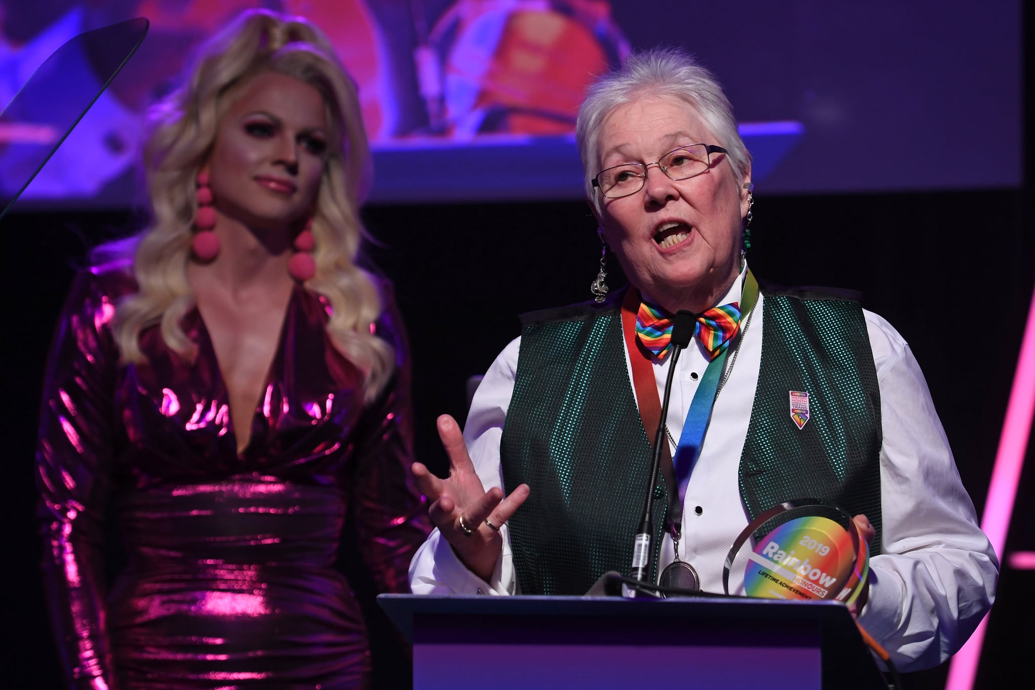 LONDON, ENGLAND - DECEMBER 04: Sue Sanders accepts the award for 'Lifetime Achievement' at the Rainbow Honours 2019 at Madame Tussauds on December 04, 2019 in London, England. (Photo by Stuart C. Wilson/Getty Images)