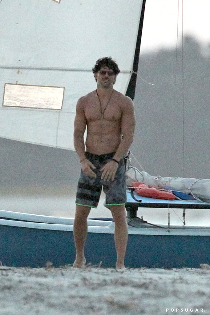 Joe Manganiello went shirtless on the beach while filming in Tybee Island, GA.