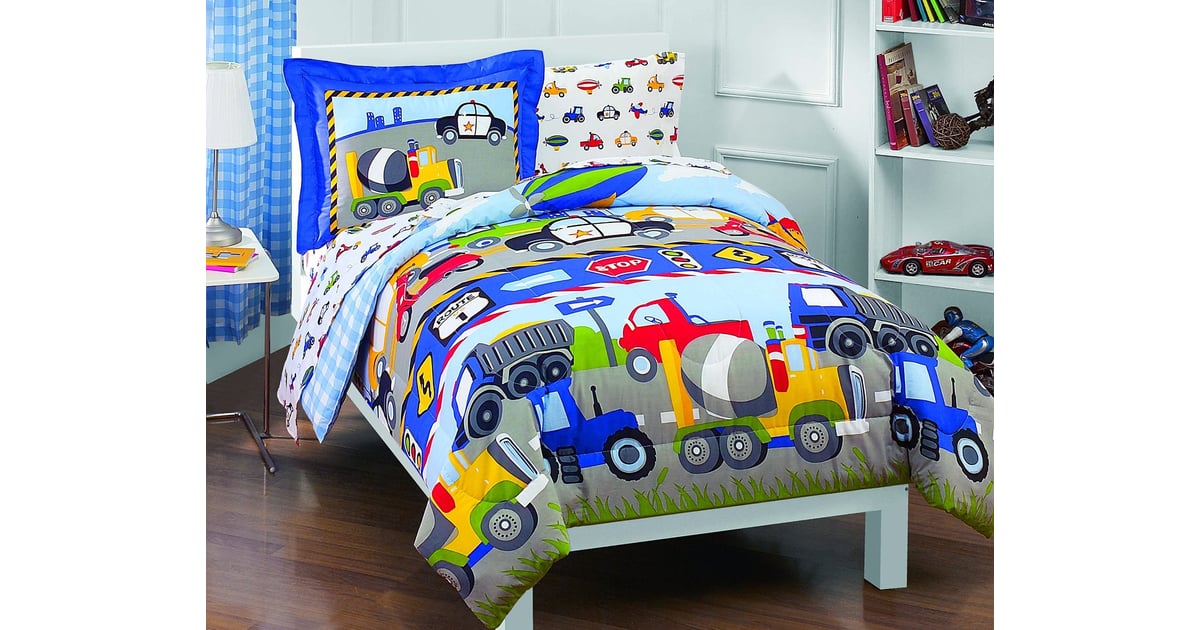 Twin Trucks Tractors Cars Boys 5-Piece Comforter Sheet Set Blue Red 