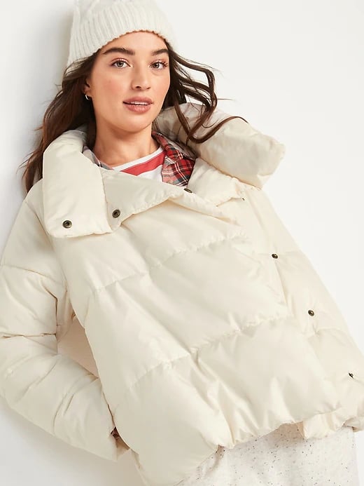 Old Navy Water-Resistant Double-Breasted Puffer Jacket in Ivory Pearl