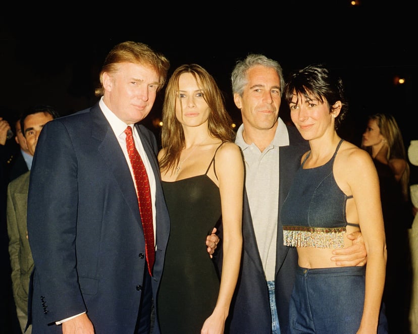 From left, American real estate developer Donald Trump and his girlfriend (and future wife), former model Melania Knauss, financier (and future convicted sex offender) Jeffrey Epstein, and British socialite Ghislaine Maxwell pose together at the Mar-a-Lag