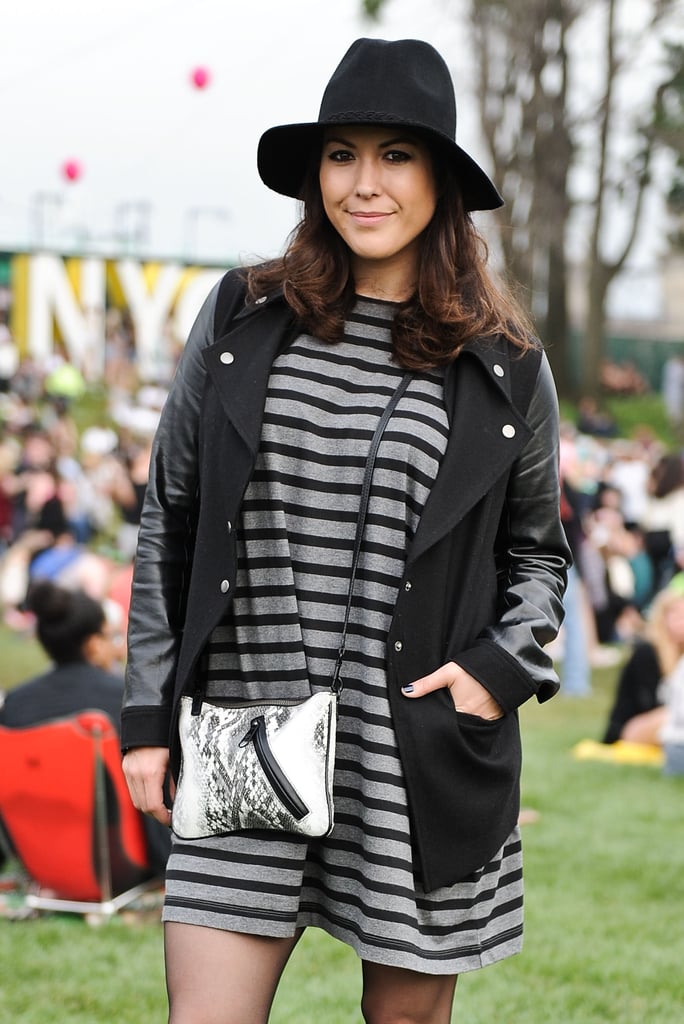 This festivalgoer caught our eye in a striped Gap dress and sporty-cool letterman jacket.