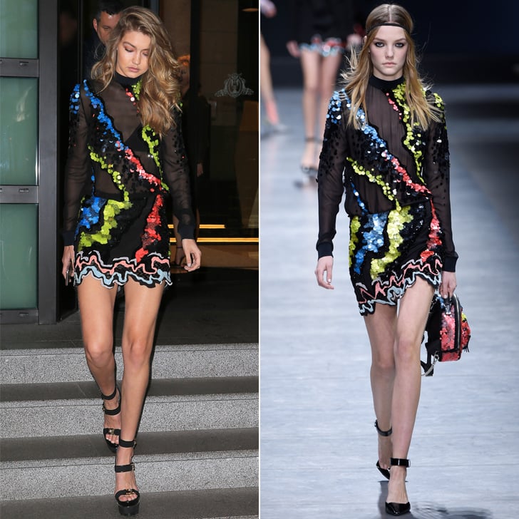 Gigi wore a Fall '16 Versace look on the street at Milan Fashion Week.