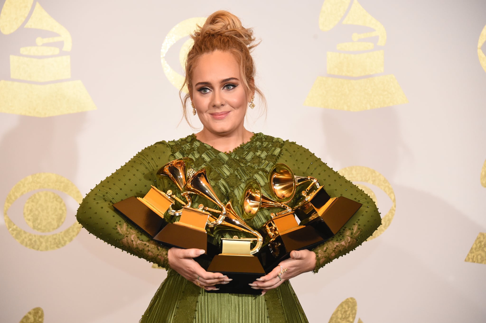 LOS ANGELES - FEBRUARY 12: Adele poses for photographs backstage at THE 59TH ANNUAL GRAMMY AWARDS, broadcast live from the STAPLES Center in Los Angeles, Sunday, Feb. 12 (8:00-11:30 PM, live ET/5:00-8:30 PM, live PT; 6:00-9:30 PM, live MT) on the CBS Television Network. (Photo by Phil McCarten/CBS via Getty Images)