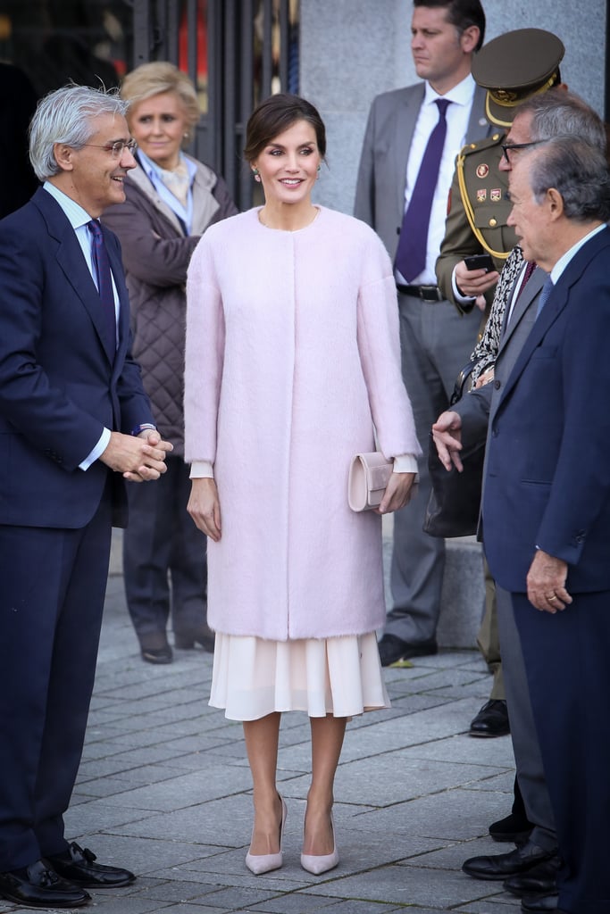 Queen Letizia Wore a Pink Furry Coat Over Her Dress Queen Letizia Wore a Pink Furry Coat Over Her Dress