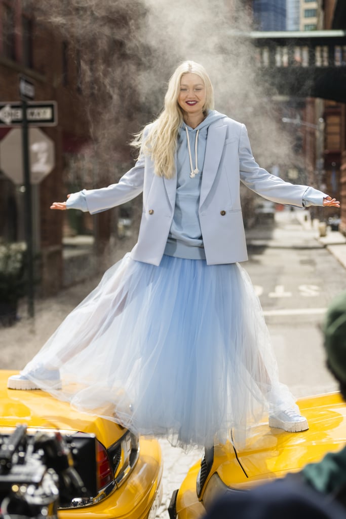 Gigi Hadid Eats Pizza in a Blue Tulle Skirt on a Photo Shoot