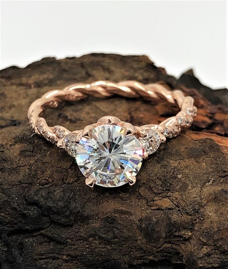 1.25 Carat Round Cut Colour Moissanite 14k Rose Gold Diamond Engagement Ring