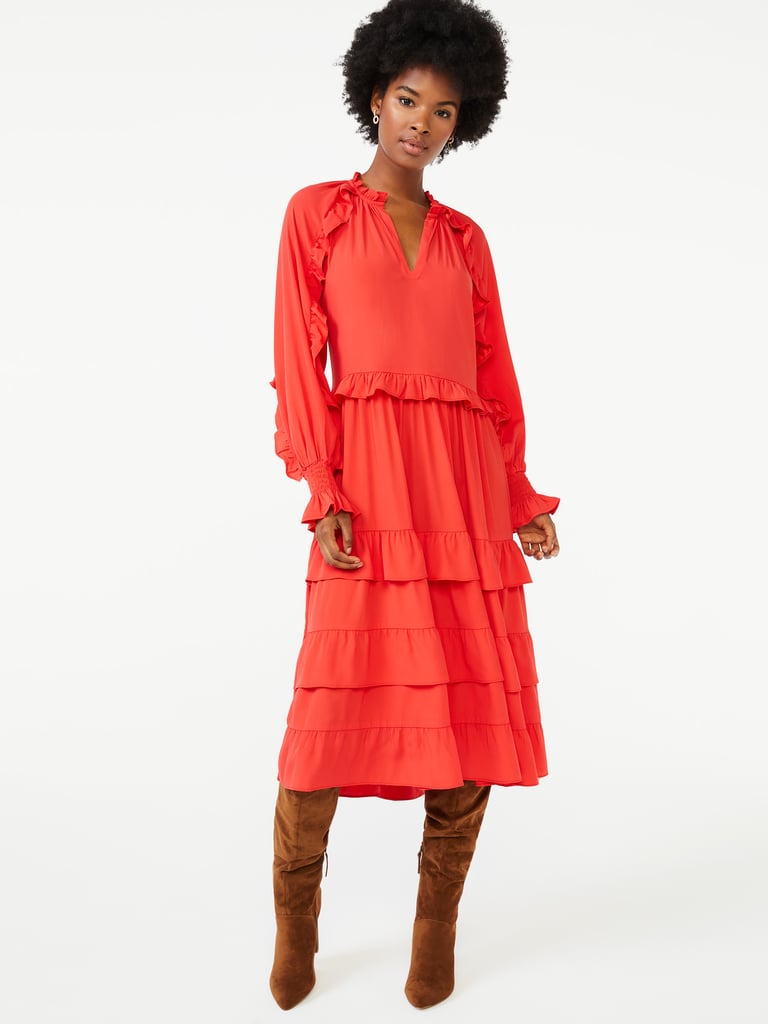 Scoop Women's Tiered Midi Dress With Long Sleeves