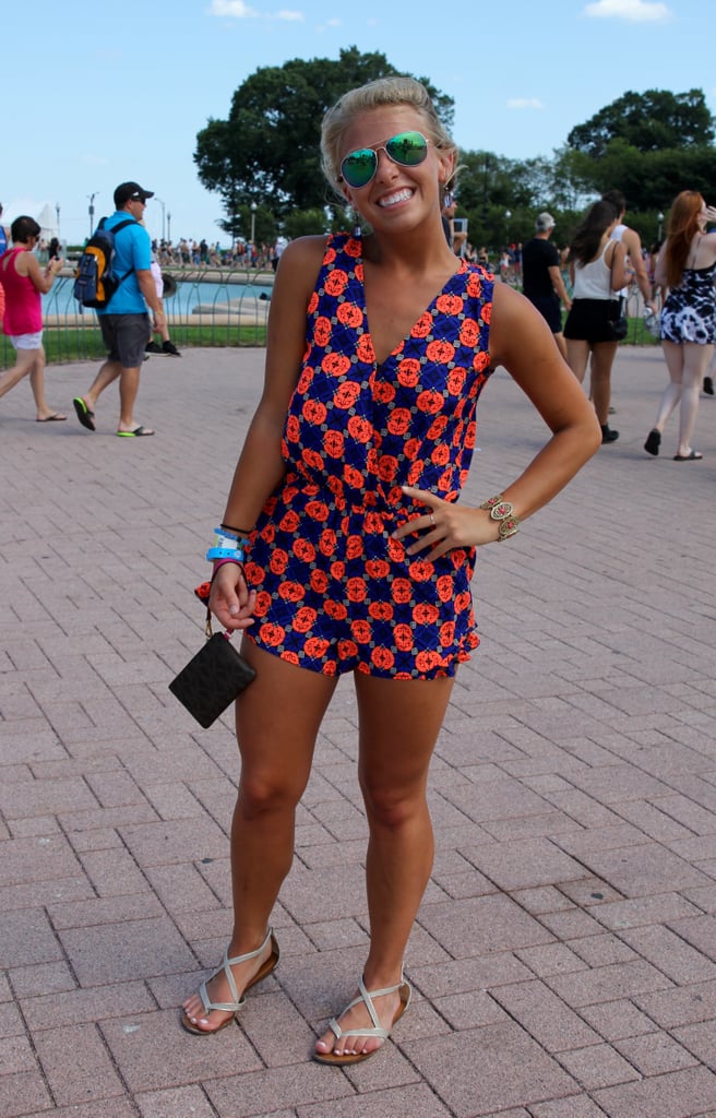 Bringing the brightness, this festival fan topped off her checkered Dry Goods romper with mirrored sunglasses.