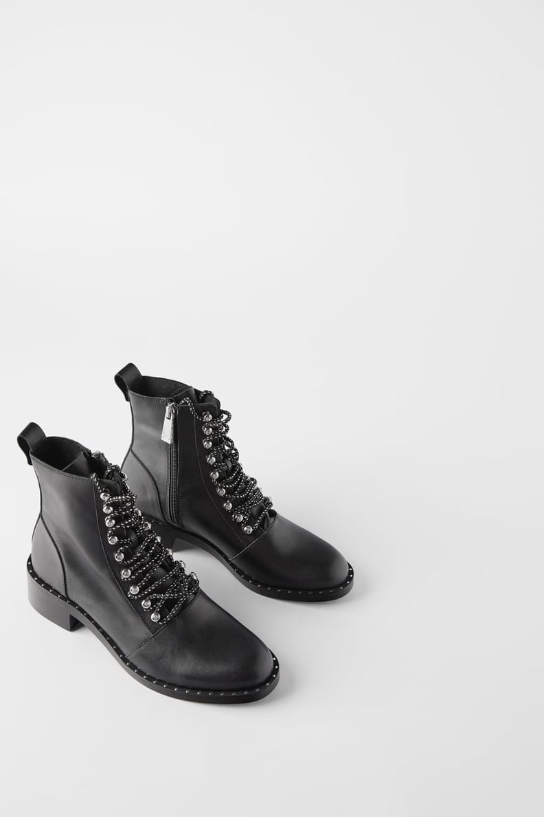 Zara Low Heeled Leather Moto Ankle Boots With Studs