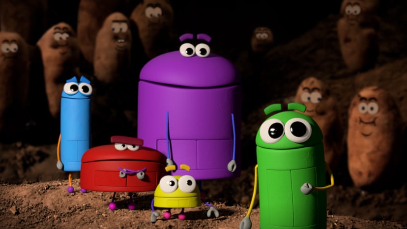 ASK THE STORYBOTS, (from left): Bang (voiced by Fred Tatasciore), Boop (voiced by Gregg Spiridellis), Bo (voiced by Erin Fitzgerald), Bing (voiced by Jeff Gill), Beep (voiced by Judy Greer), 'Where Do French Fries Come From?', (Season 1, ep. 105, aired Au