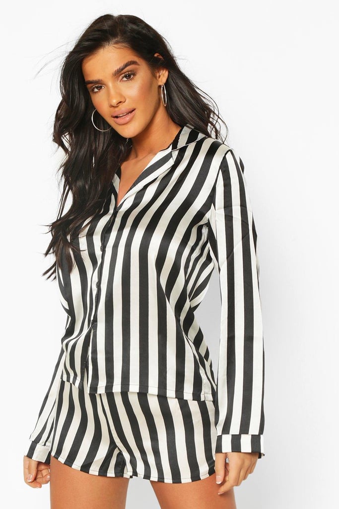 Satin Stripe Print Long Sleeve And Short PJ Set