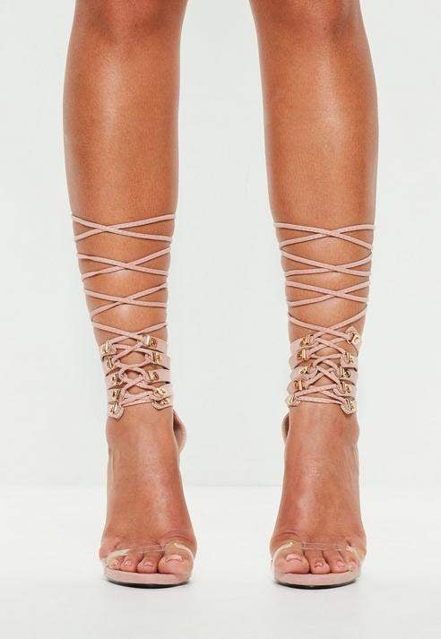 Missguided Nude Lace Up Cuff Heeeled Sandals