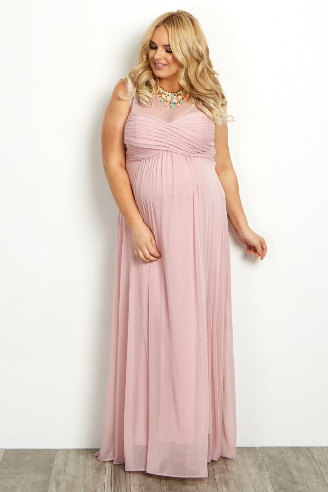 Light Pink Mesh Neckline Ruched Bust 