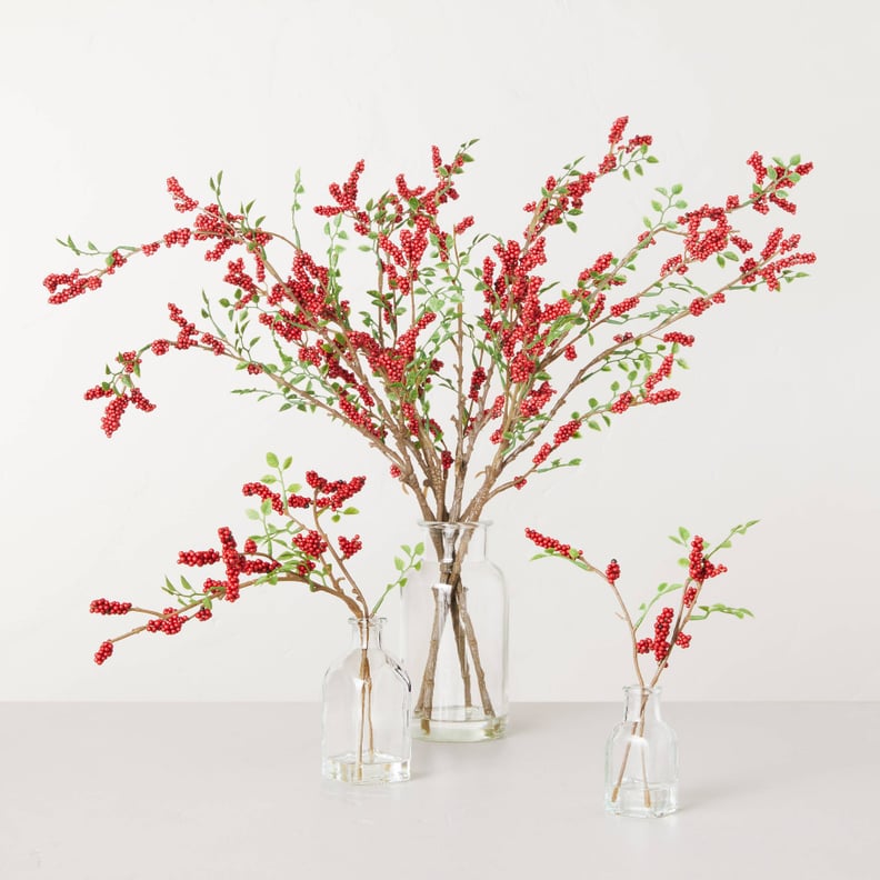 Red Accents: Hearth & Hand with Magnolia Faux Winterberry Stems Glass Bottle Arrangement