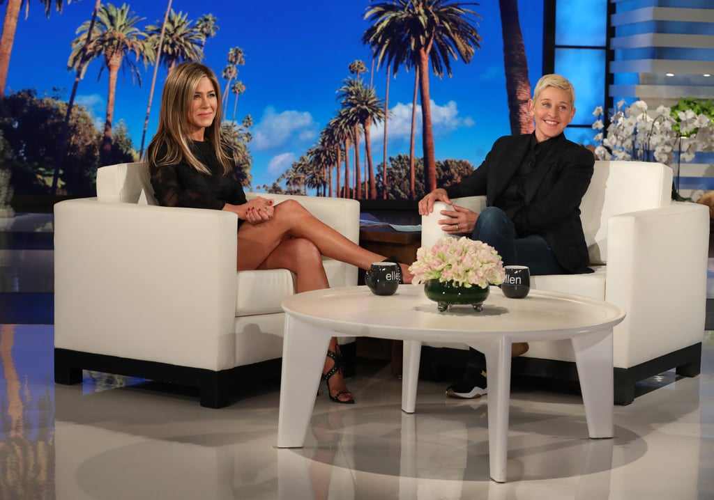 Jennifer Aniston Black Dress and Studded Sandals on Ellen