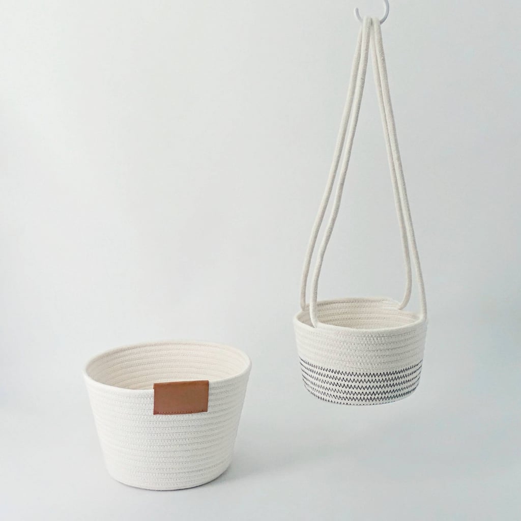 For Indoor Outdoor Decor: White Cotton Weave Hanging & Floor Decorative Basket Set