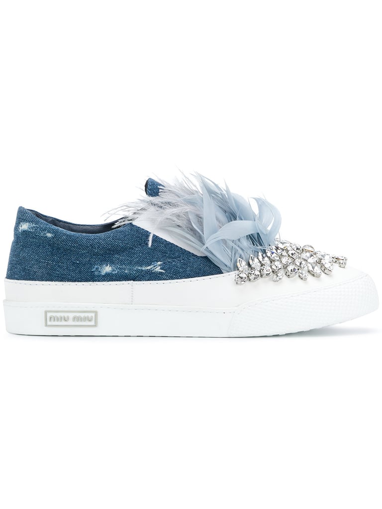 Miu Miu Feather and Crystal-Embellished Denim Sneakers