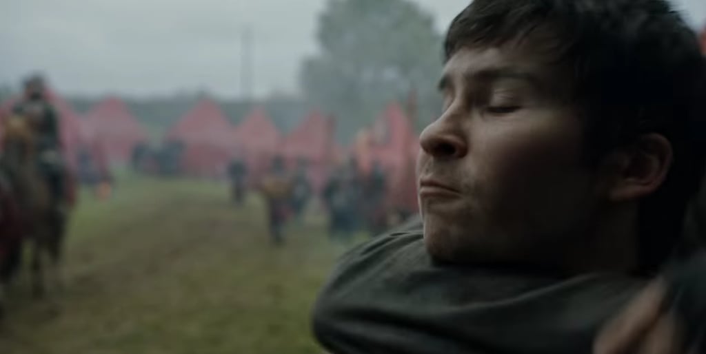 Podrick can be seen getting put into a chokehold by an unknown assailant, but what's more interesting is the appearance of red tents in the background. He's clearly in the Lannister camp outside Riverrun with Jaime, and as we saw in the preview for episode eight, he and Brienne arrive to ask Jamie to stop what he's doing.