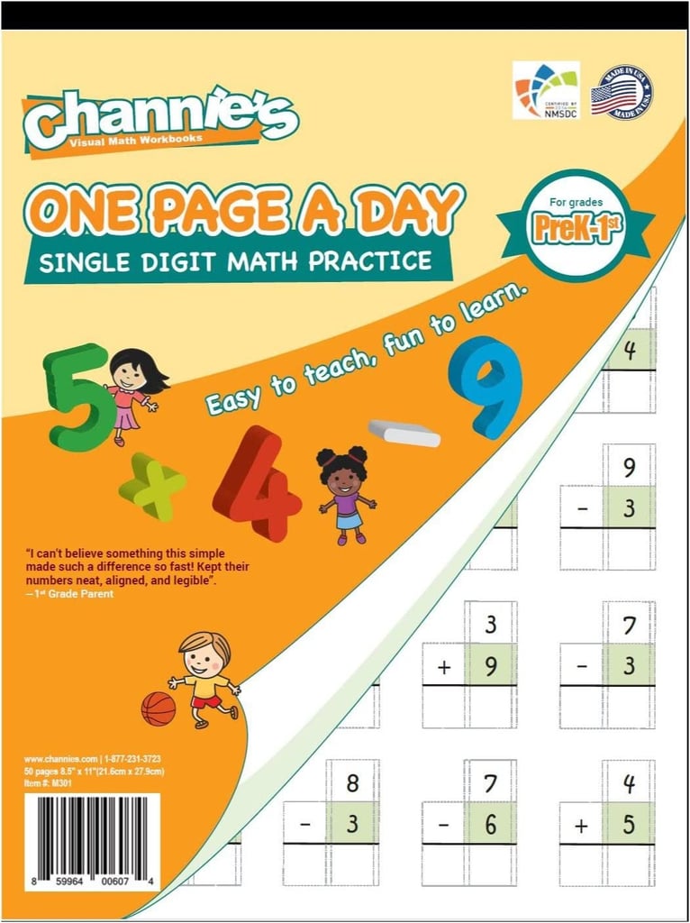 Channie's One Page A Day Single Digit Maths Problem Workbook for Prek-1st