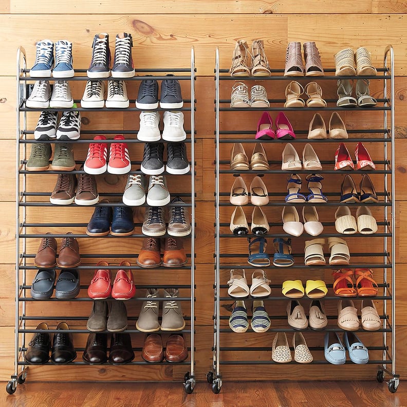 Chrome Metal 10-Tier Rolling Shoe Rack