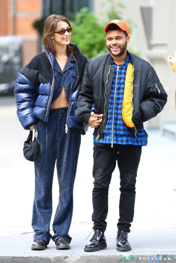 Bella Hadid Blue Suit and Puffer Jacket With The Weeknd 2018