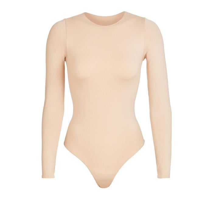 SKIMS Long Sleeve Crew Neck Thong Bodysuit in Sandstone ...