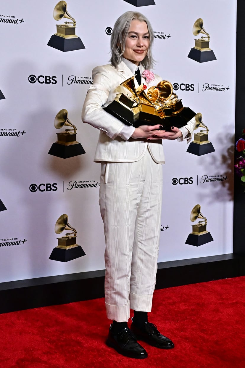 US singer-songwriter Phoebe Bridgers poses in the press room with the Grammy Awards for Best Alternative Music Album for 