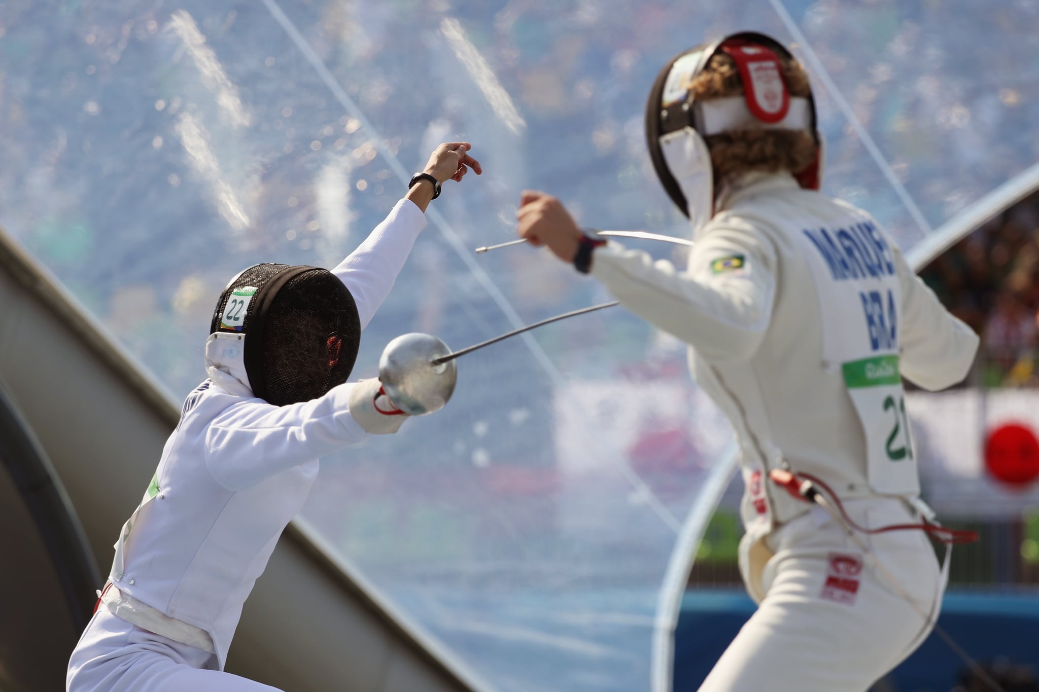 RIO DE JANEIRO, BRAZIL - AUGUST 19:  Anna Maliszewska of Poland (L) and Yane Marcia Marques of Brazil compete during the Women's Fencing Modern Pentathlon on Day 14 of the Rio 2016 Olympic Games at the Deodouro Stadium on August 19, 2016 in Rio de Janeiro, Brazil.  (Photo by Rob Carr/Getty Images)