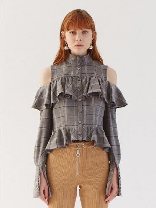 W Concept Frill Detailed Blouse Gray Check