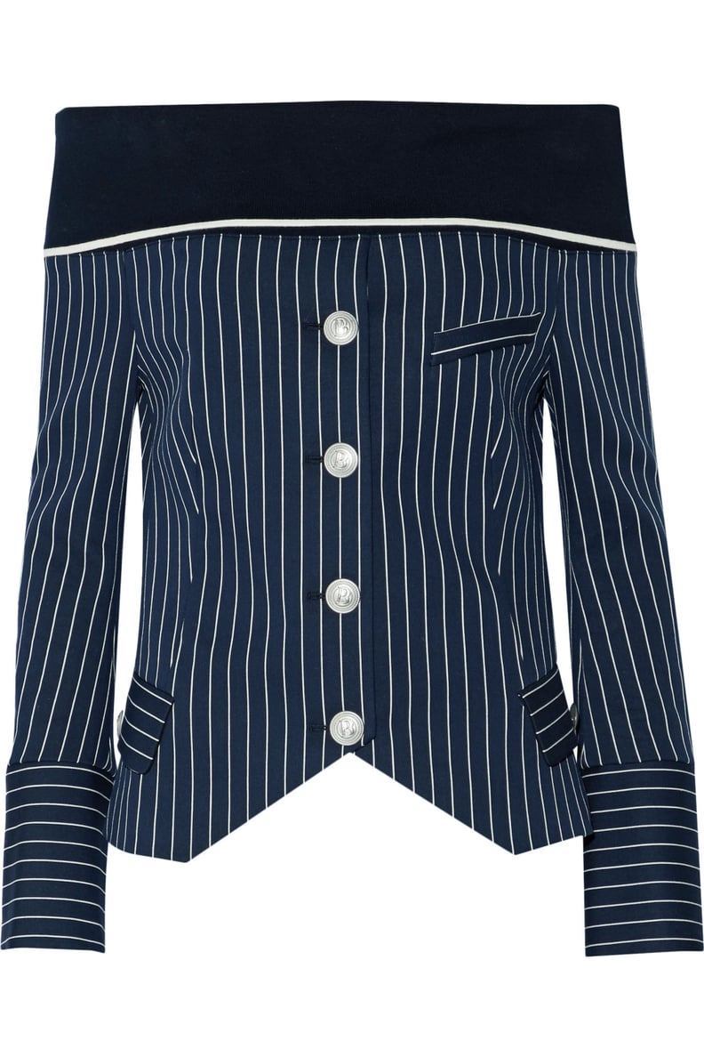 Pierre Balmain Off-the-Shoulder Striped Ribbed-Trimmed Cotton-Blend Jacket