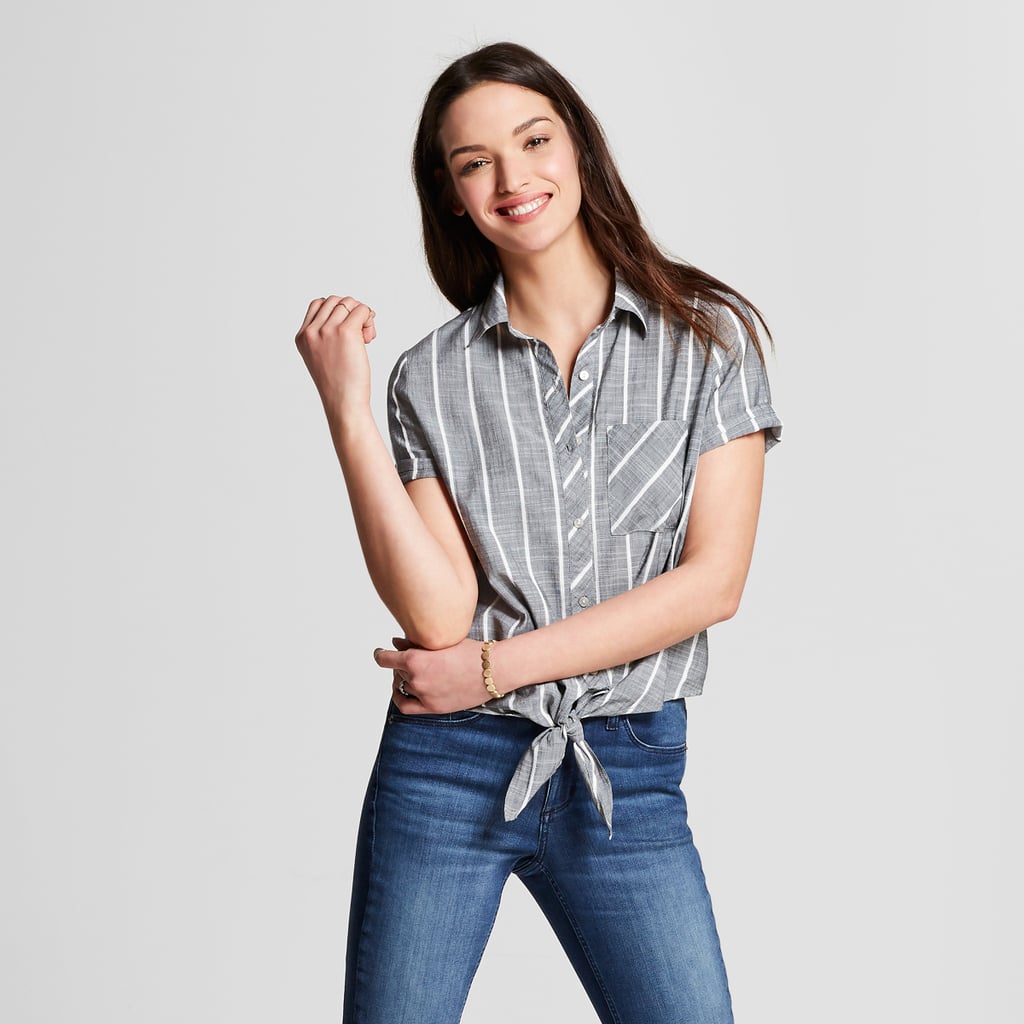 Women's Short Sleeve Striped Tie Front Button Down - Universal Thread™ Gray