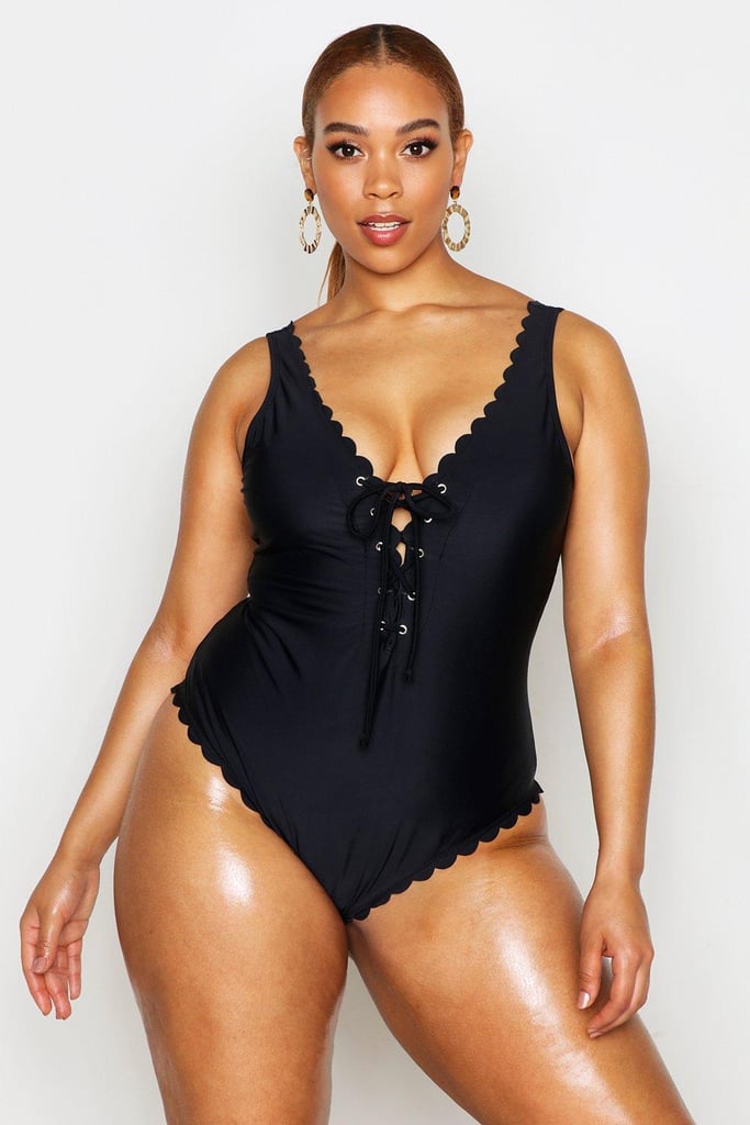 Boohoo Plus Scallop Lace-Up Detail Swimsuit