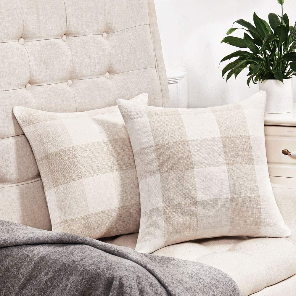 Beige and White Buffalo Check Plaid Throw Pillow Covers