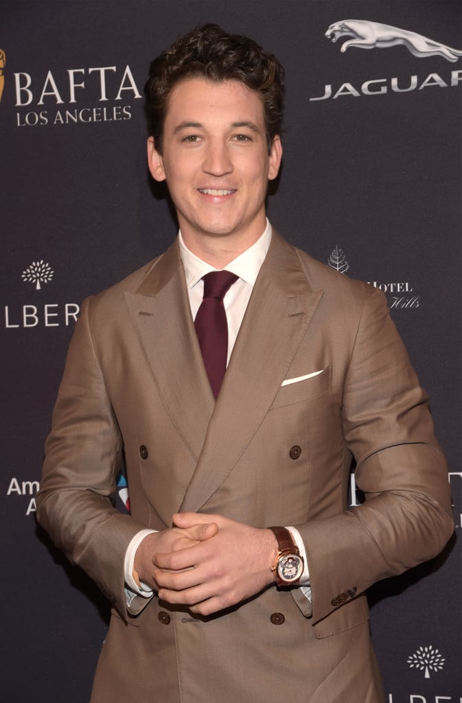 Miles Teller went with a double-breasted suit for the BAFTA Tea Party.