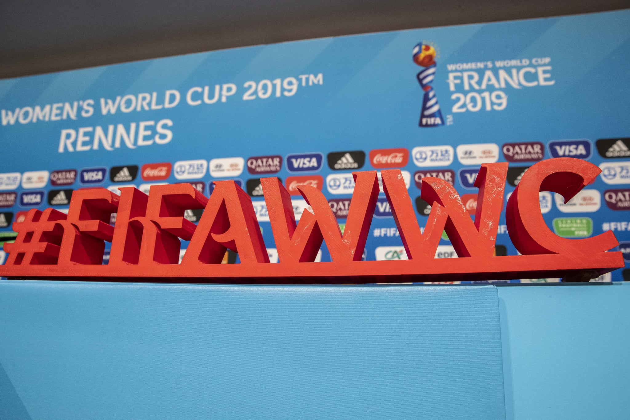 RENNES, FRANCE - JUNE 07: World cup logo is seen at a press conference prior the match against China on June 07, 2019 in Rennes, France. Germany will play their first match against China on June 08, 2019. (Photo by Maja Hitij/Getty Images)