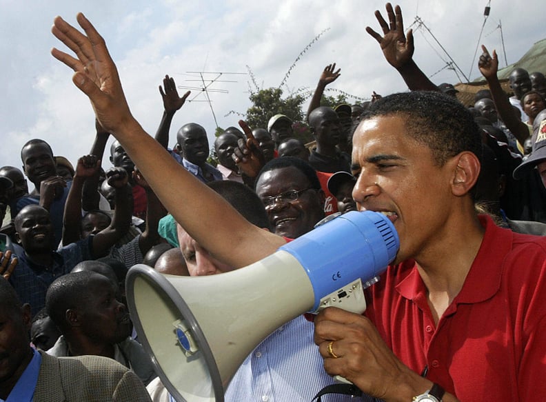 Rallying a crowd at Kenya's largest slum while visiting the country in 2006