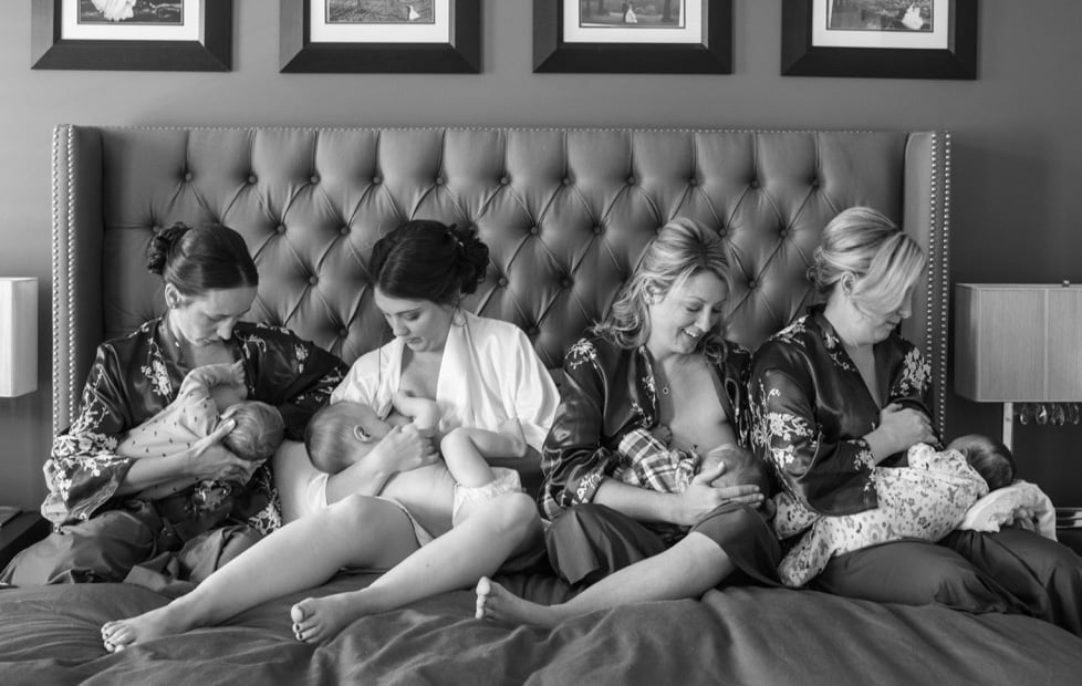 Photo of Bride and Bridesmaids Breastfeeding Together